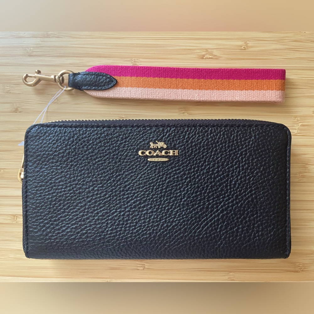Coach Long Zip Accordion Wallet in Black with Pink Stripe Wrist Strap (NWT)